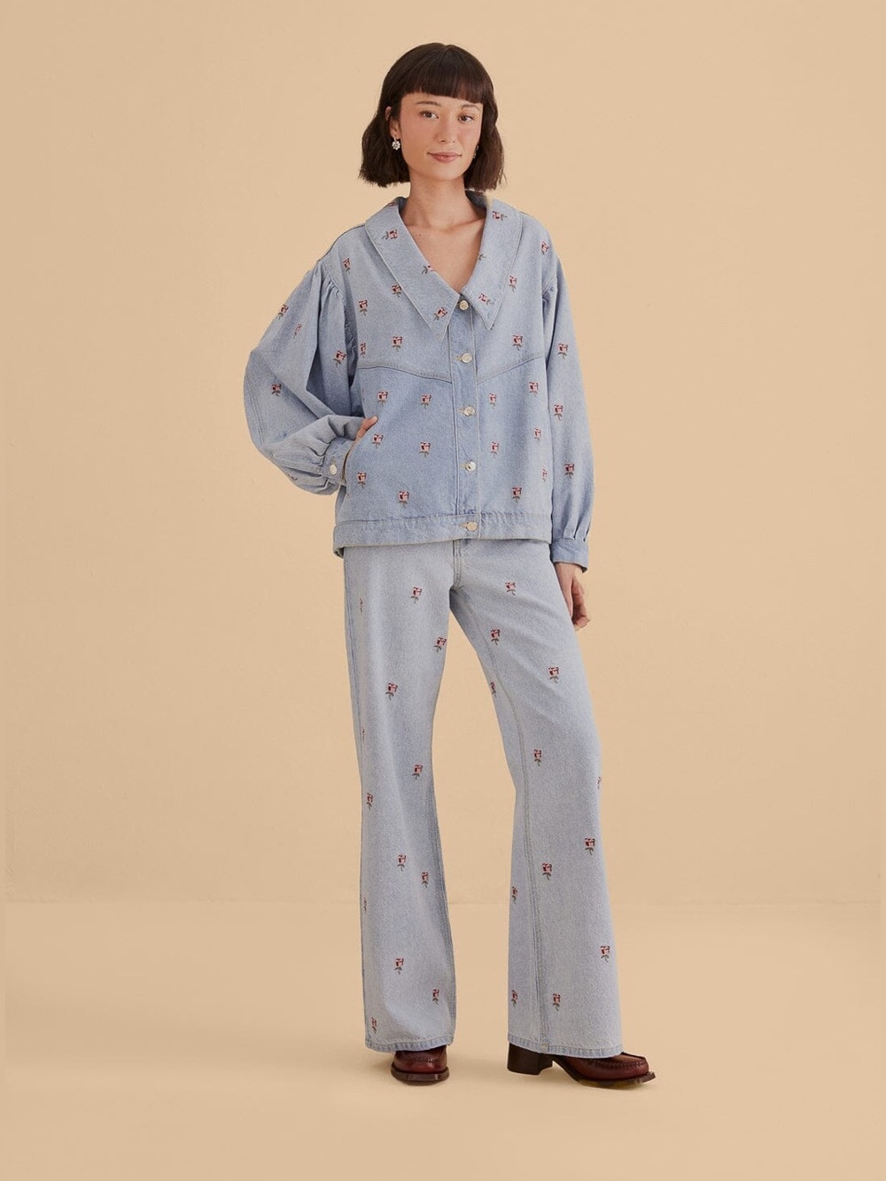 Farm Rio Rose Embroidered Denim Pants - Picture 5 of 15